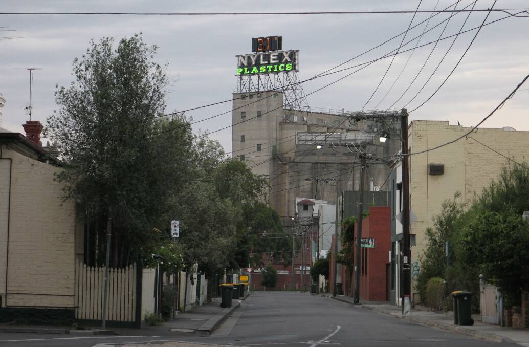 Balmain St and the silos under the Nylex sign