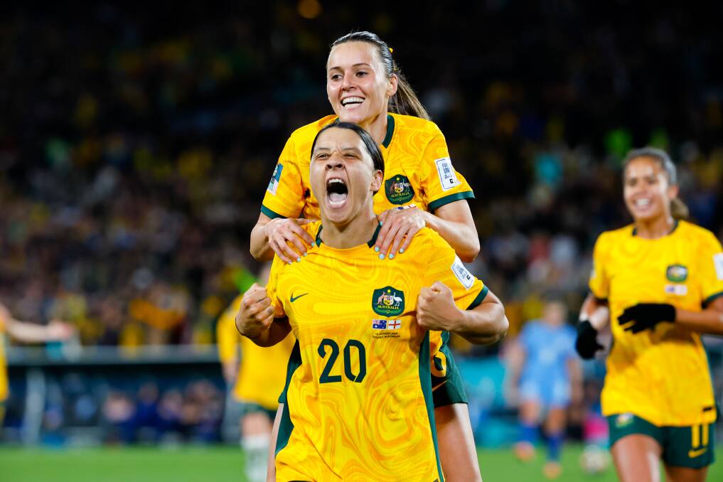 Matildas captain Sam Kerr celebrates after scoring a goal. Picture: Anna Warr
