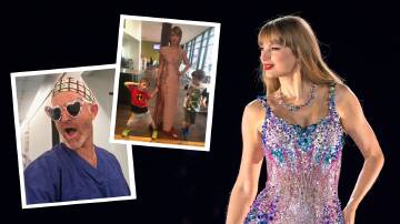 Taylor Swift fans aren't just teenage girls. Inset: Swiftie dad Adam Eslick and his two sons, Max, 10, and Damian, 12. Pictures Getty Images/TAS Management, supplied