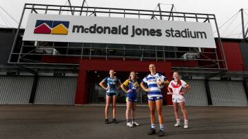 Newcastle Rugby League women's players Grace Langdon, Kendall Lehman, Tamika Bull and Molly Fitzhenry. Picture by Jonathan Carroll